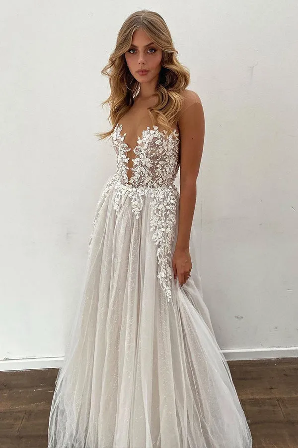 Sheer A-line Wedding Dress Floor Length With Tulle Appliques
