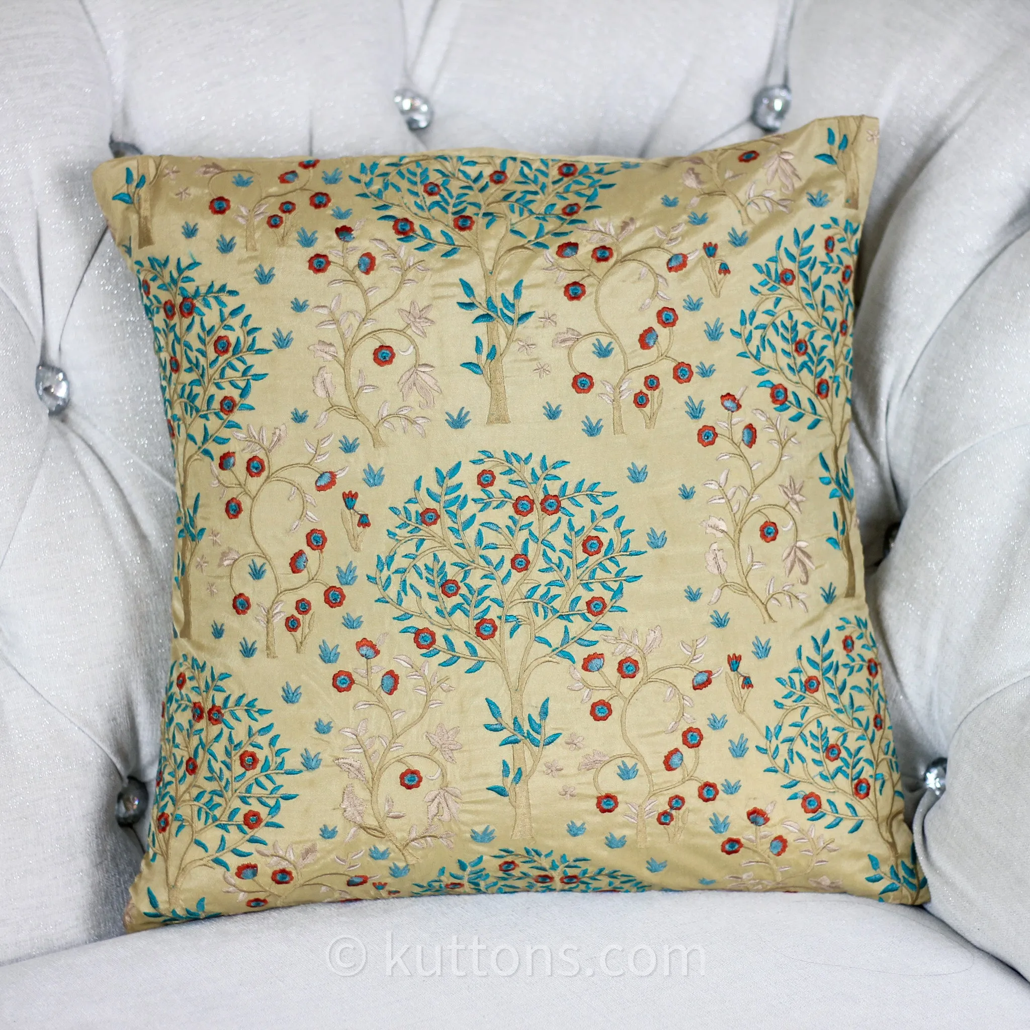 Silk Blend Decorative Cushion Cover with Exquisite Embroidery | Beige, 16x16"