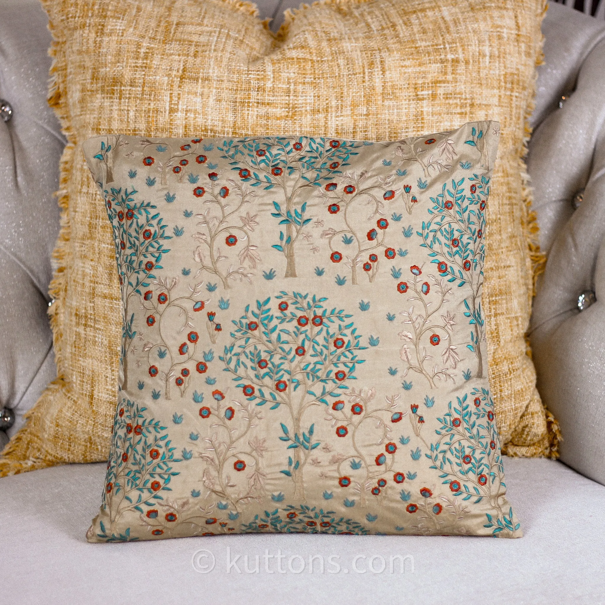 Silk Blend Decorative Cushion Cover with Exquisite Embroidery | Beige, 16x16"