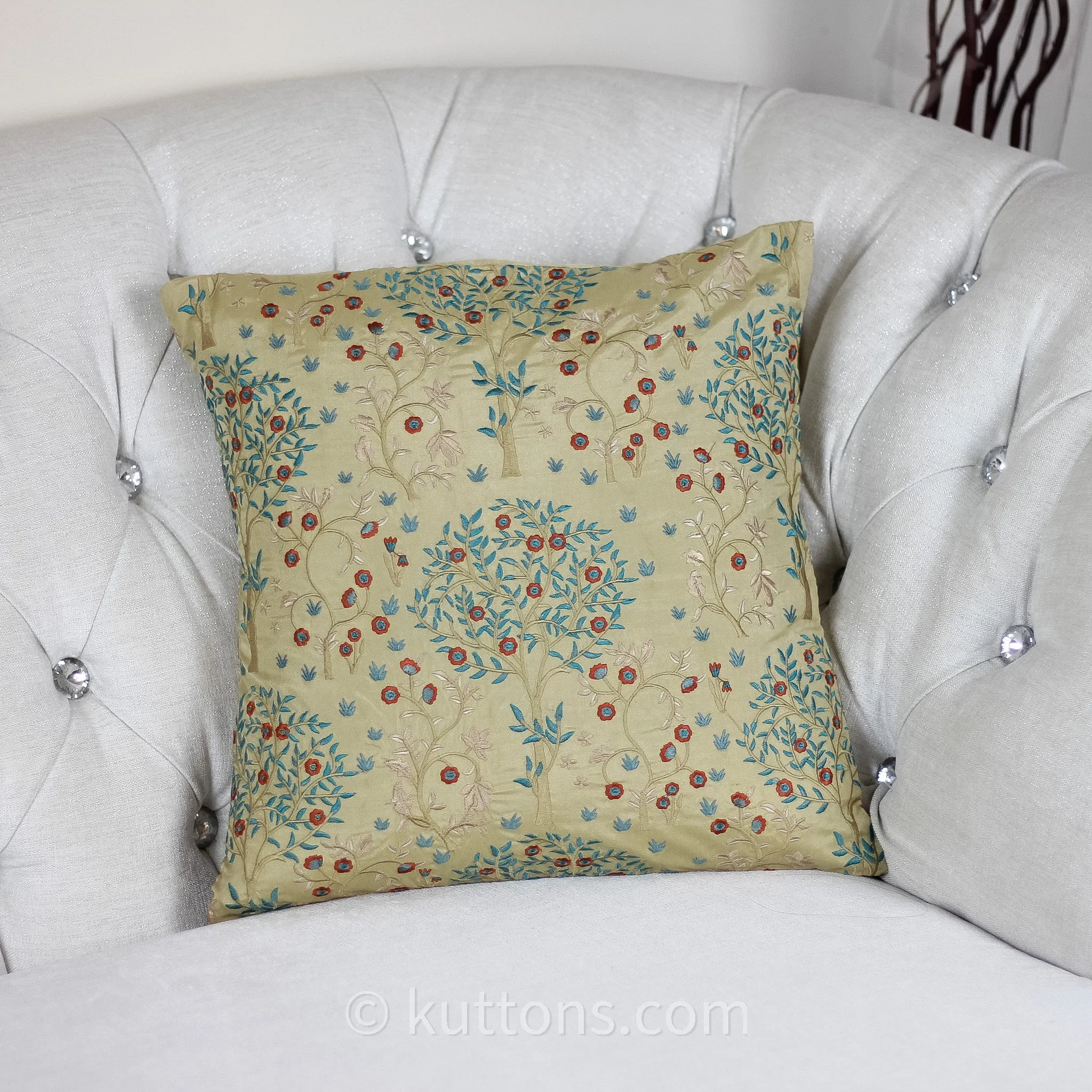 Silk Blend Decorative Cushion Cover with Exquisite Embroidery | Beige, 16x16"