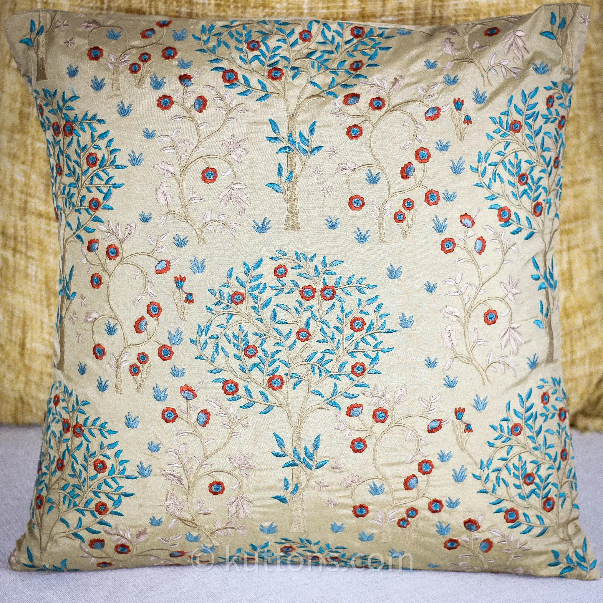 Silk Blend Decorative Cushion Cover with Exquisite Embroidery | Beige, 16x16"