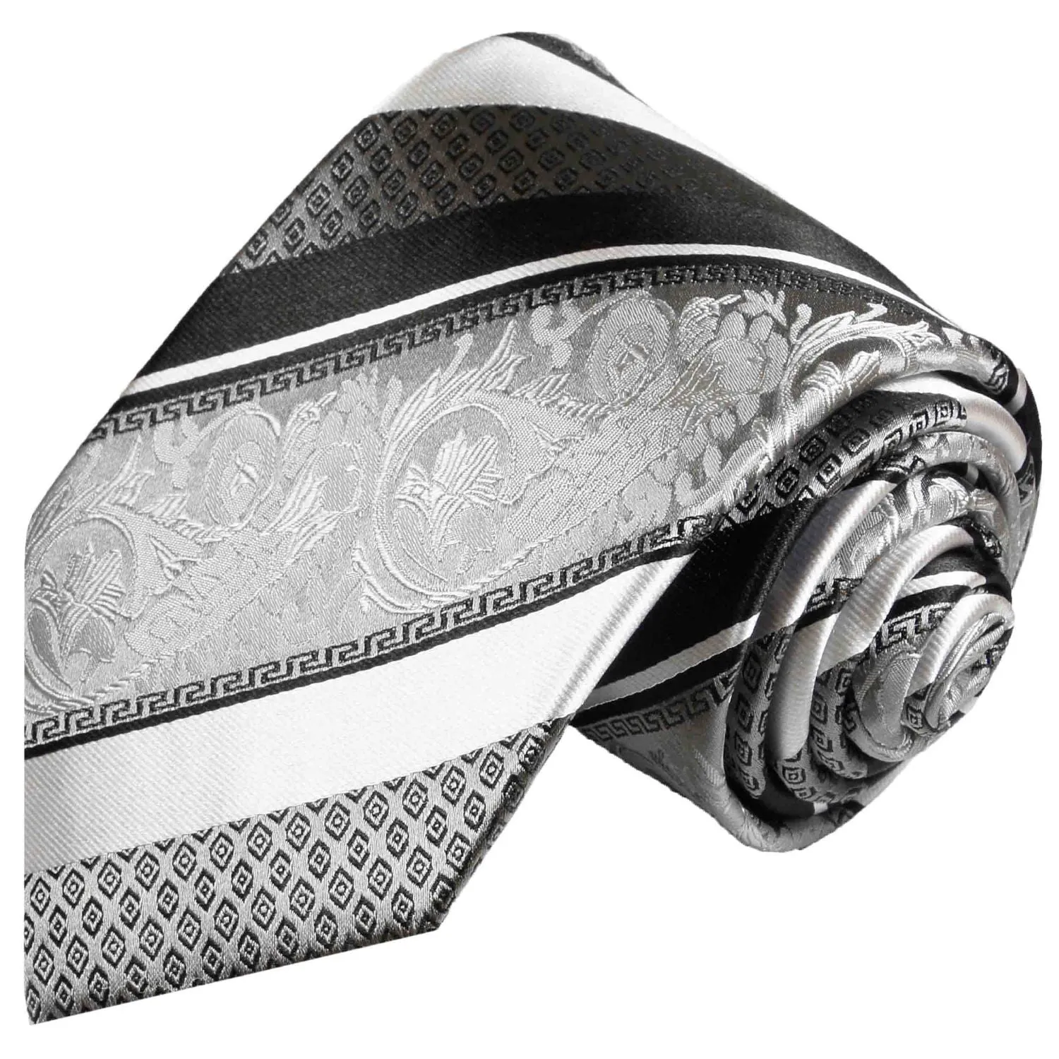 Silver and Black Silk Men's Necktie and Pocket Square