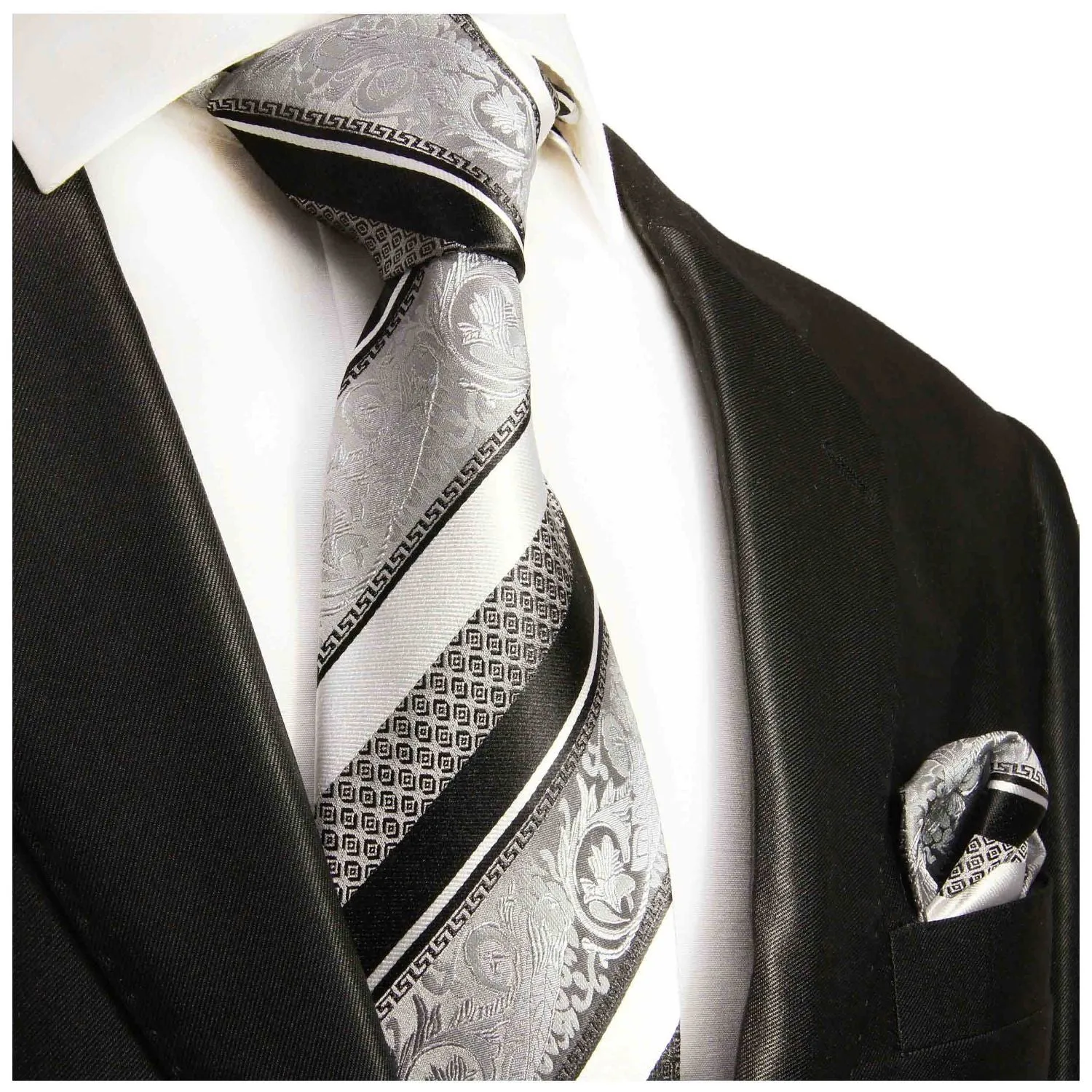 Silver and Black Silk Men's Necktie and Pocket Square