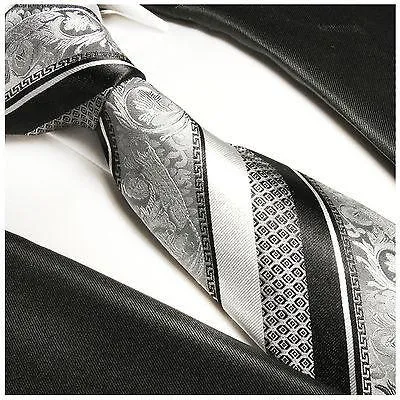 Silver and Black Silk Men's Necktie and Pocket Square