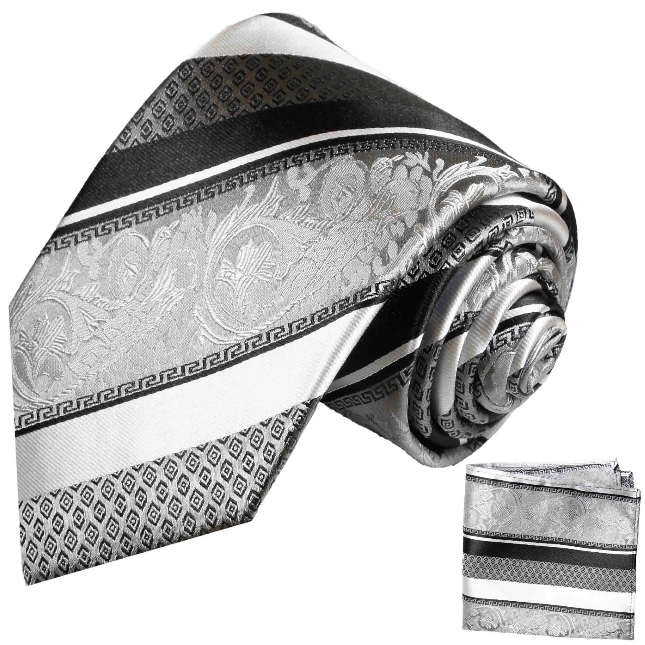 Silver and Black Silk Men's Necktie and Pocket Square