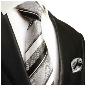 Silver and Black Silk Men's Necktie and Pocket Square
