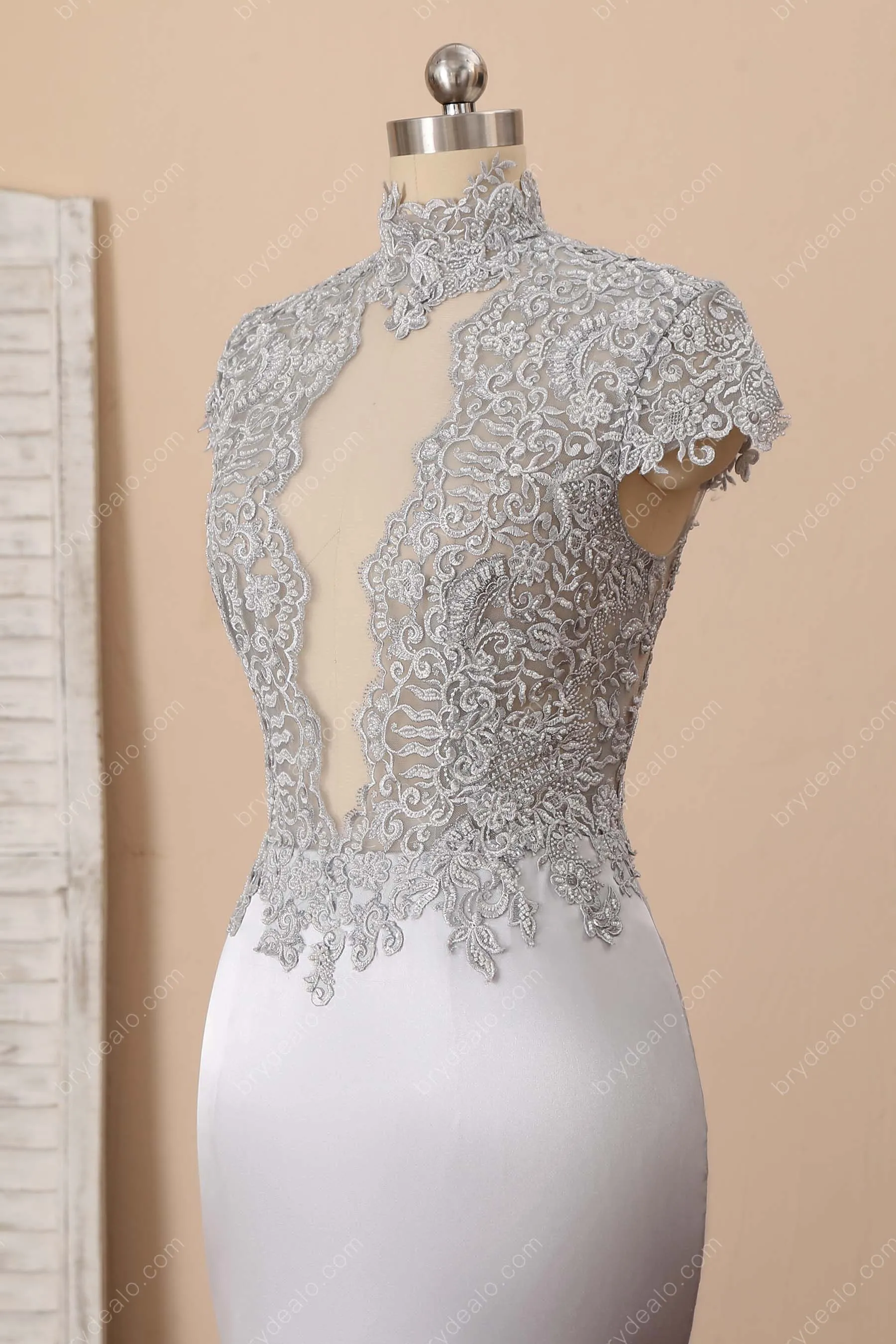 Silver Lace Sexy Keyhole High-neck Mermaid Rose Prom Dress