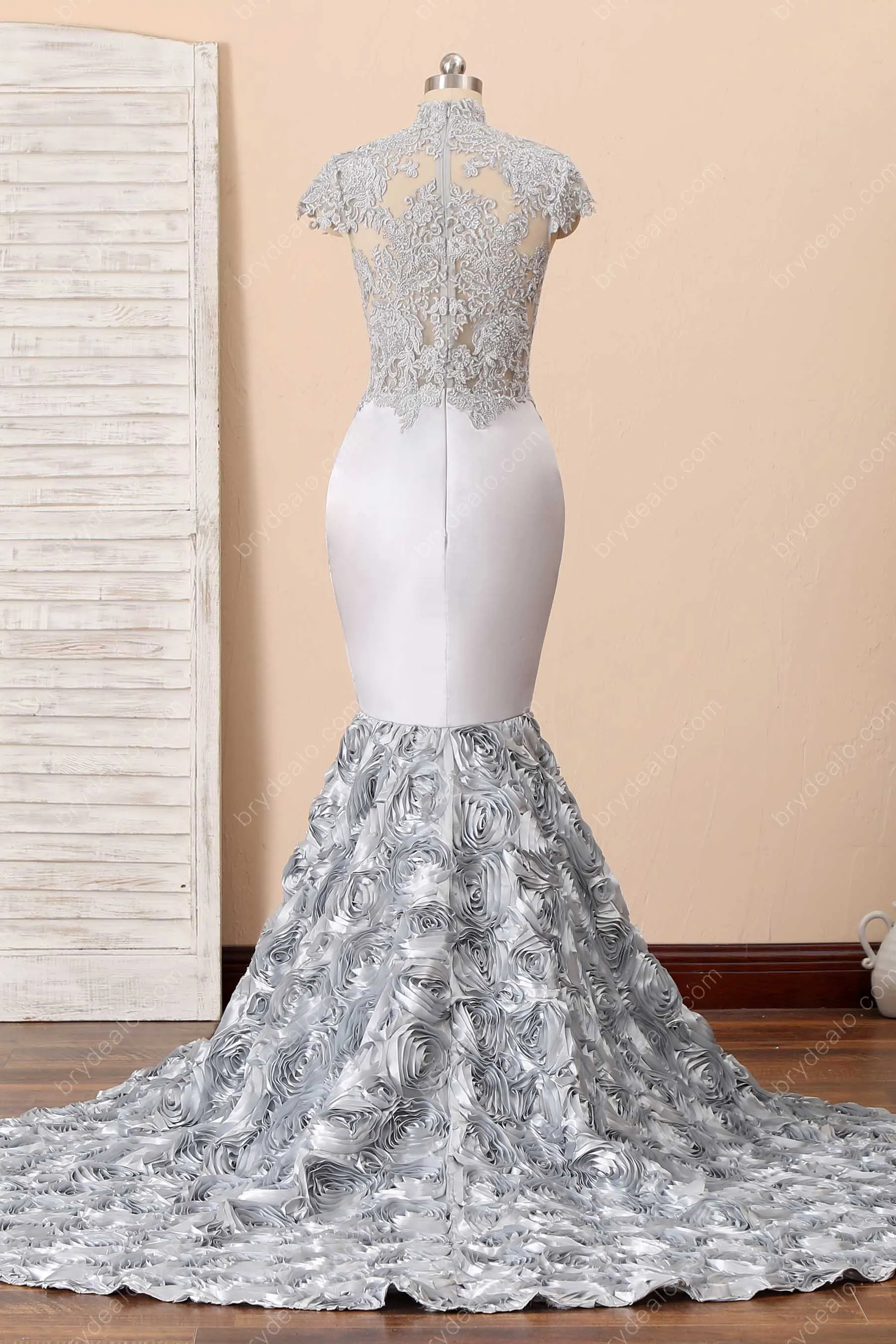 Silver Lace Sexy Keyhole High-neck Mermaid Rose Prom Dress