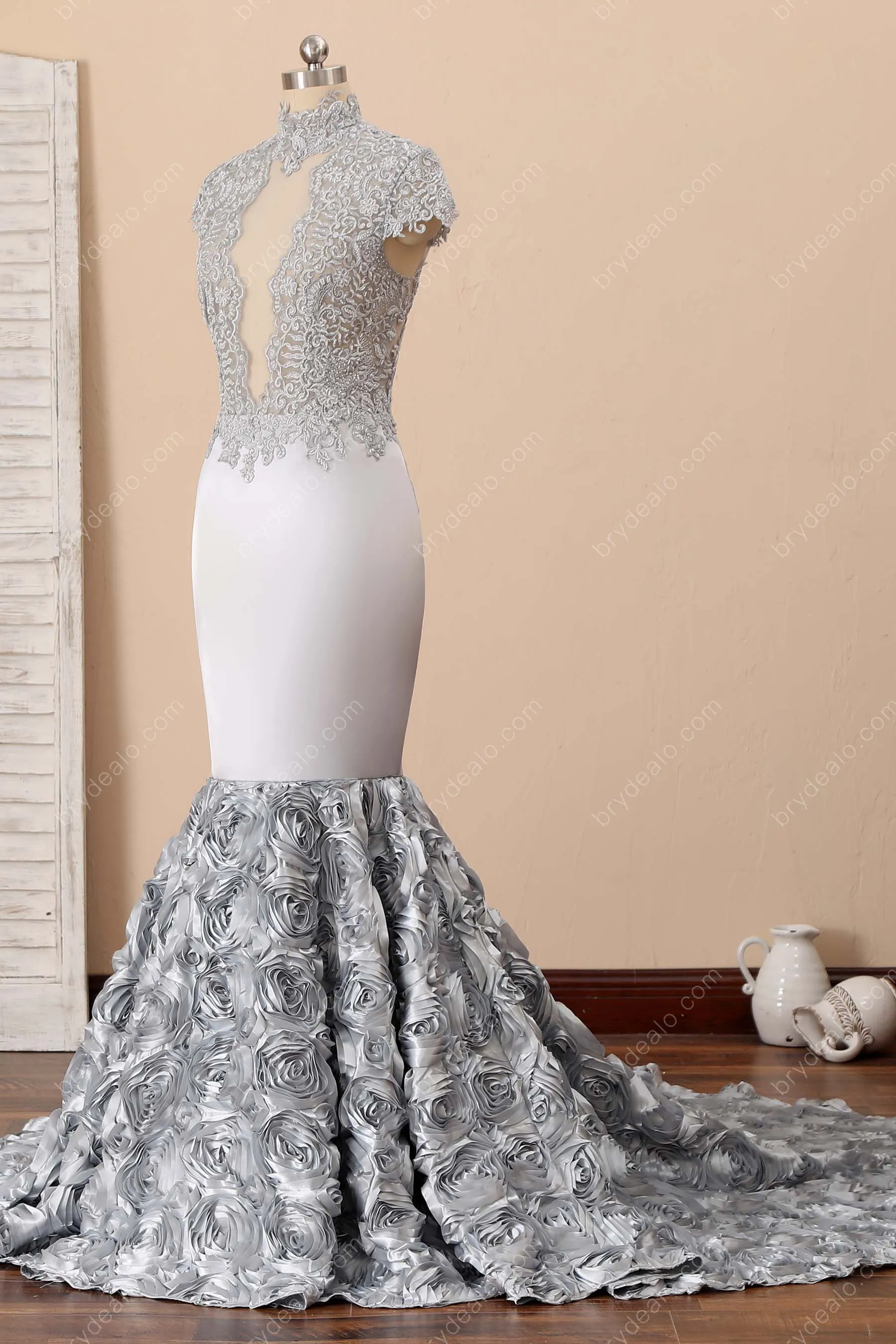 Silver Lace Sexy Keyhole High-neck Mermaid Rose Prom Dress