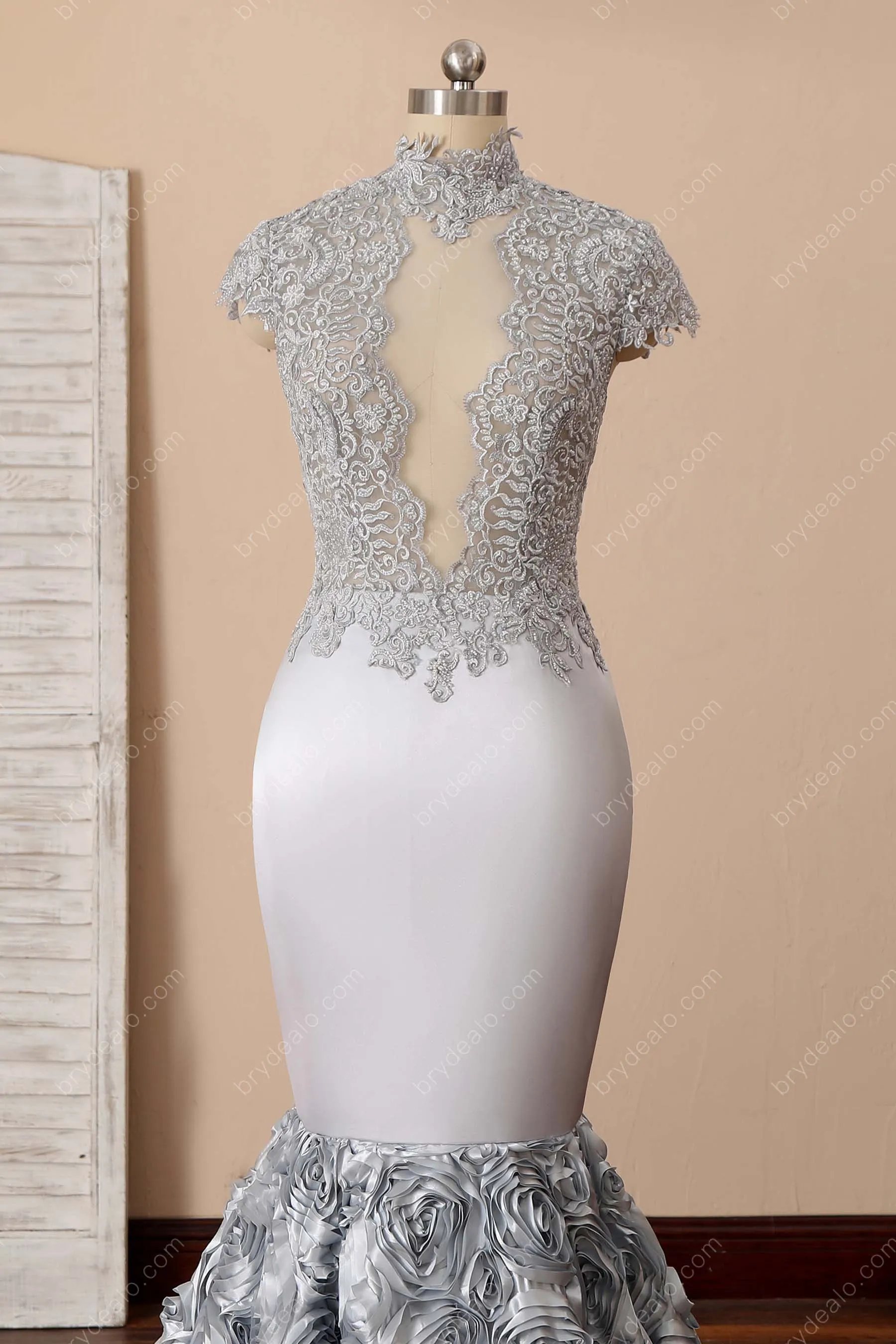 Silver Lace Sexy Keyhole High-neck Mermaid Rose Prom Dress