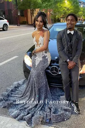 Silver Sequined Sleeveless Horsehair Mermaid Prom Dress