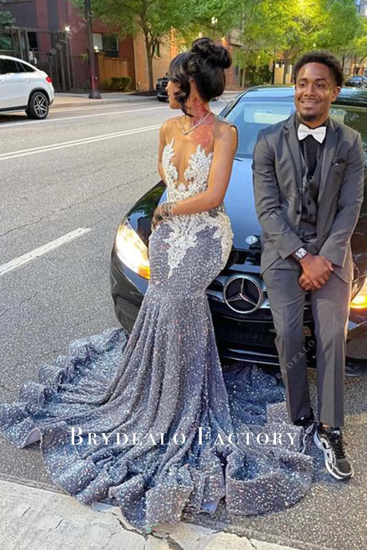 Silver Sequined Sleeveless Horsehair Mermaid Prom Dress