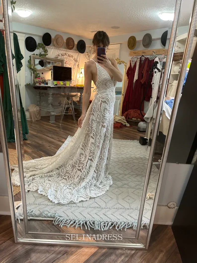 Spaghetti Straps Lace Boho Wedding Dresses Rustic Lace Country Wedding Dress KPY061