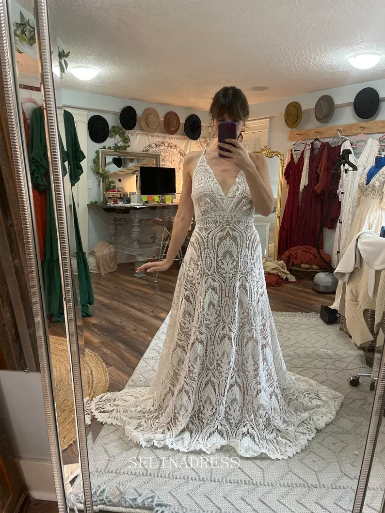 Spaghetti Straps Lace Boho Wedding Dresses Rustic Lace Country Wedding Dress KPY061