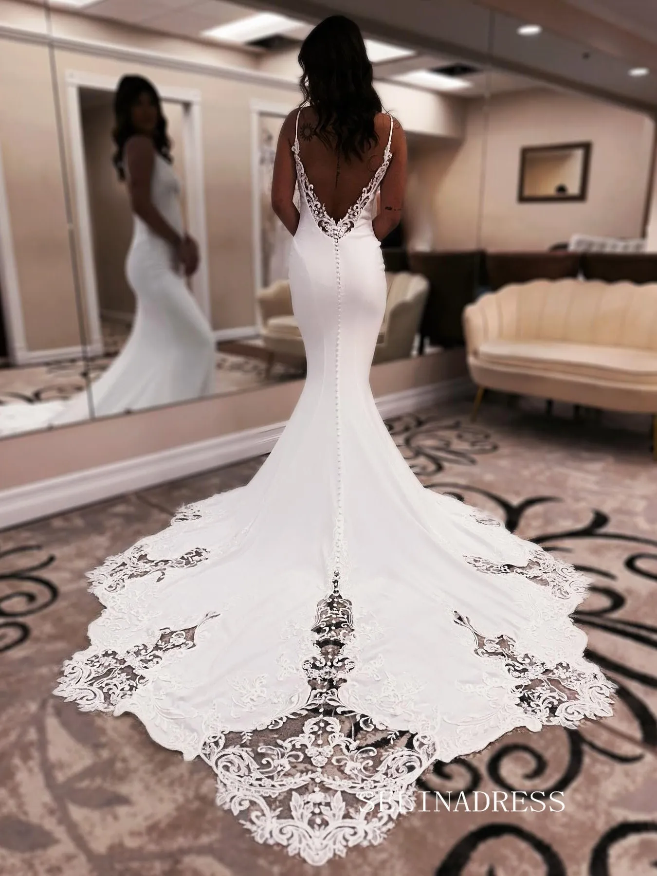 Spaghetti Straps White Satin Mermaid Wedding Dress With Lace Train EWR385