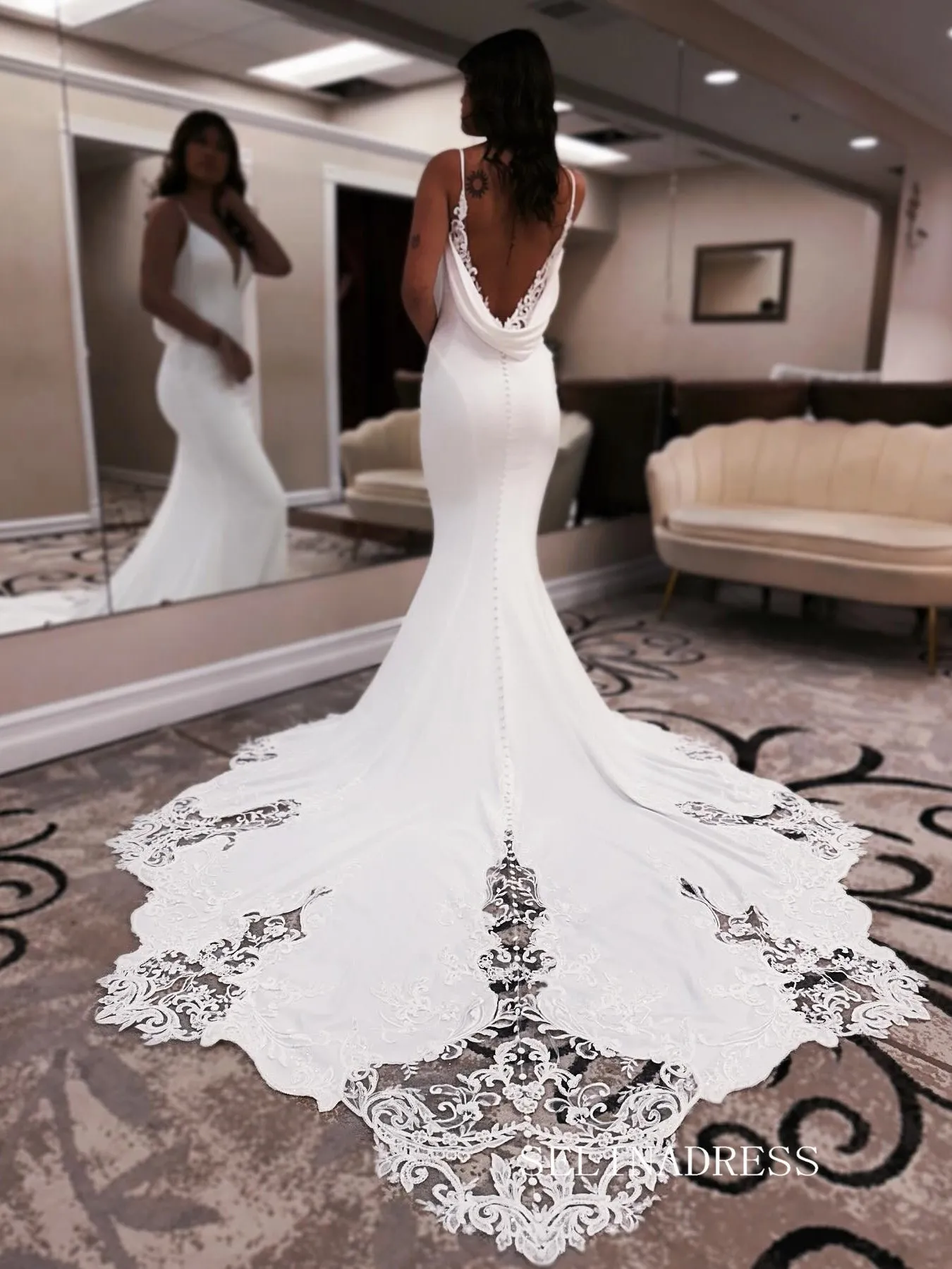 Spaghetti Straps White Satin Mermaid Wedding Dress With Lace Train EWR385