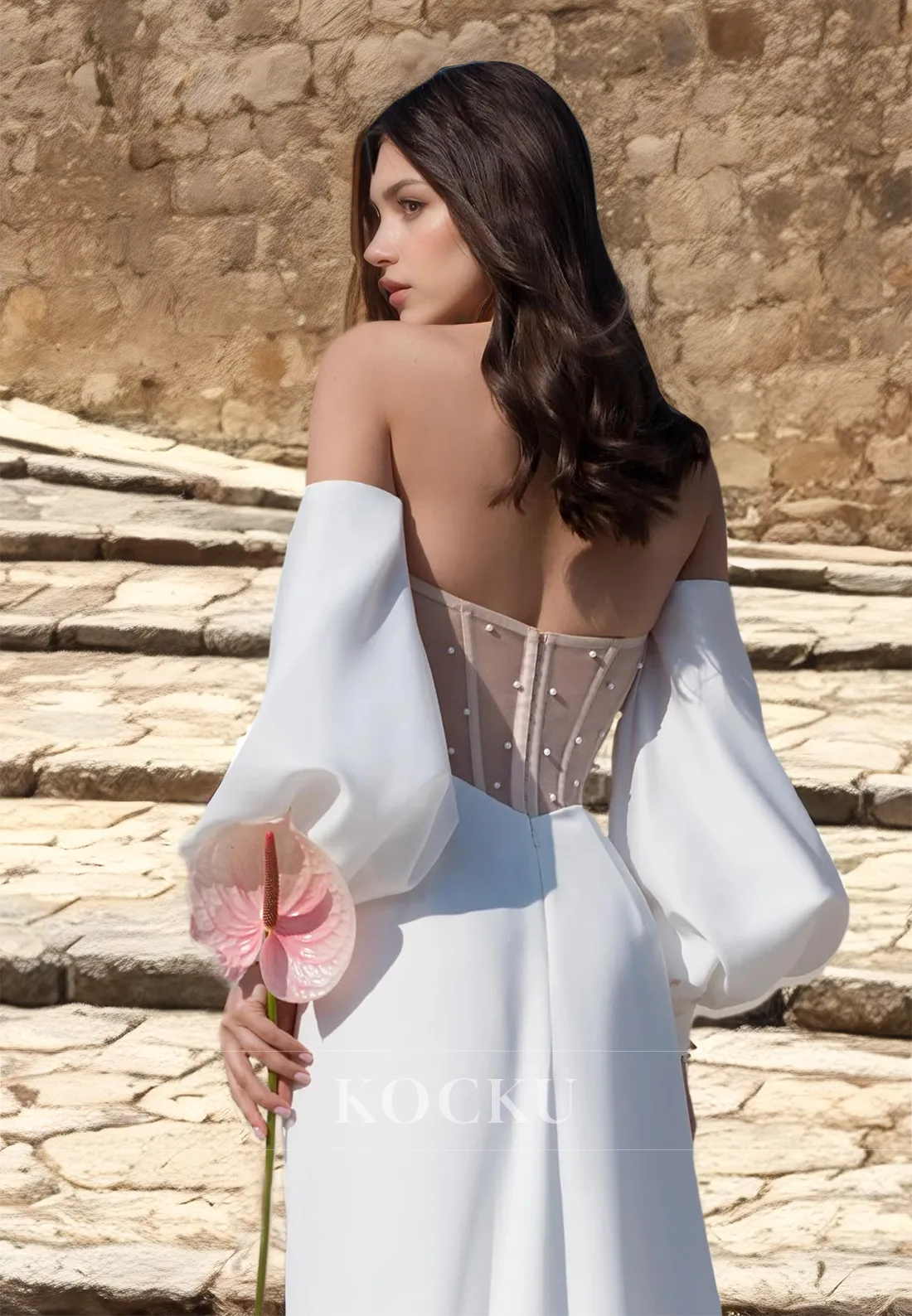 Sweetheart Sheath Long Sleeves Beaded Satin Wedding Dress Bridal Gowns with Sweep Train