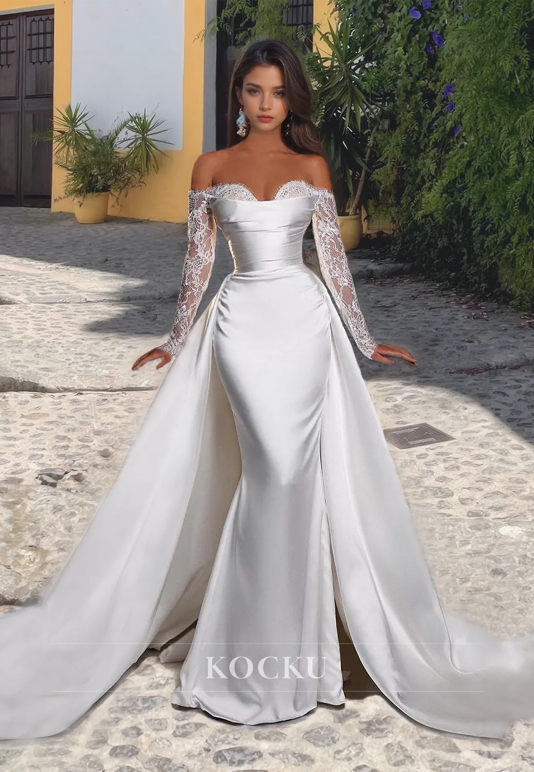 Sweetheart Sheath Long Sleeves Ruched Satin Wedding Dress with Overskirt Bridal Dress