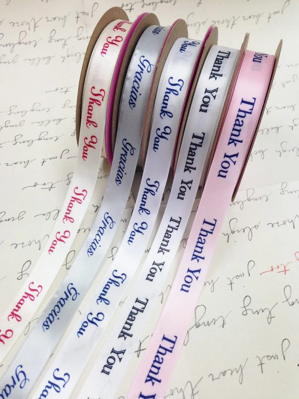 Thank You Ribbon Red Ink on 5/8" wide White Satin Ribbon