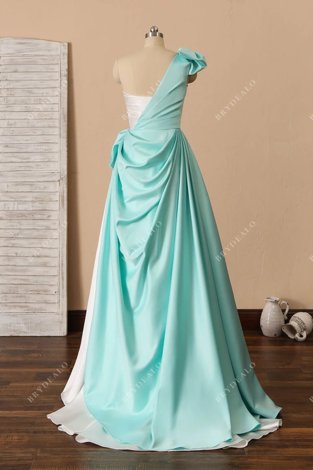 Unique Two-tone One Shoulder Ruched Designer Wedding Dress