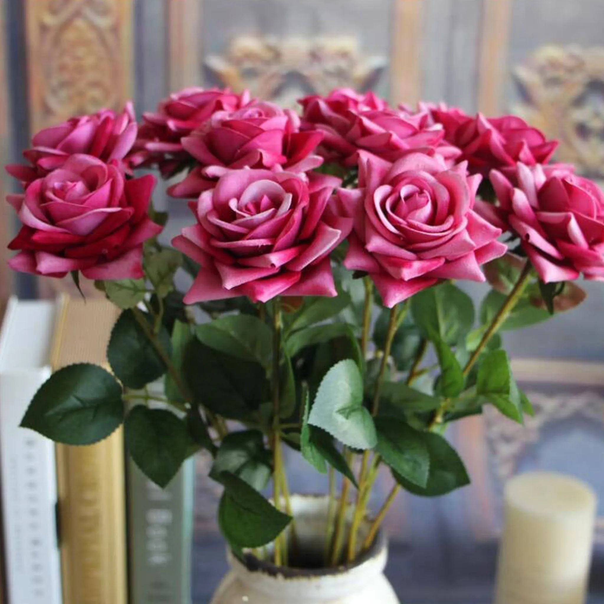 Velvet Rose Flowers Artificial Wedding Floral Arrangement Home Decor Velvet Flowers