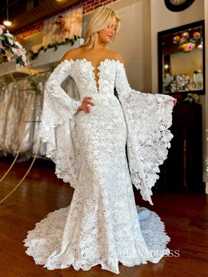 Vintage Mermaid Long Sleeve White Lace Wedding Dress With Sweep Train  EWR400
