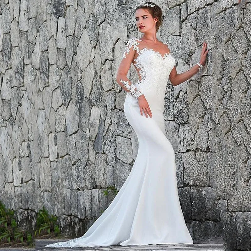 Vintage Mermaid Wedding Dress Scoop-Neck Full Sleeves Wedding Gown Zipper Back Lace Satin Bride Dress Robe