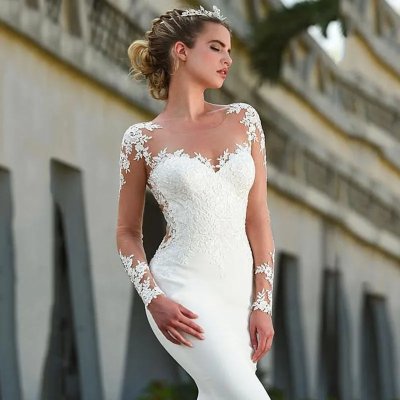 Vintage Mermaid Wedding Dress Scoop-Neck Full Sleeves Wedding Gown Zipper Back Lace Satin Bride Dress Robe