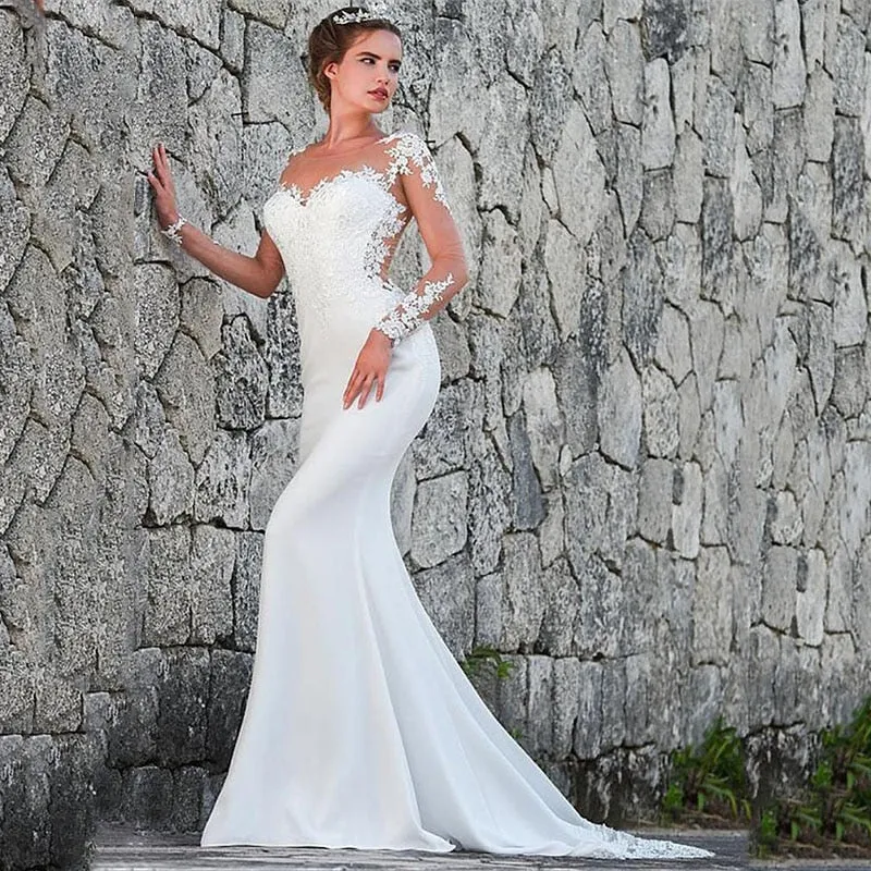 Vintage Mermaid Wedding Dress Scoop-Neck Full Sleeves Wedding Gown Zipper Back Lace Satin Bride Dress Robe