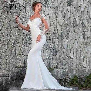 Vintage Mermaid Wedding Dress Scoop-Neck Full Sleeves Wedding Gown Zipper Back Lace Satin Bride Dress Robe