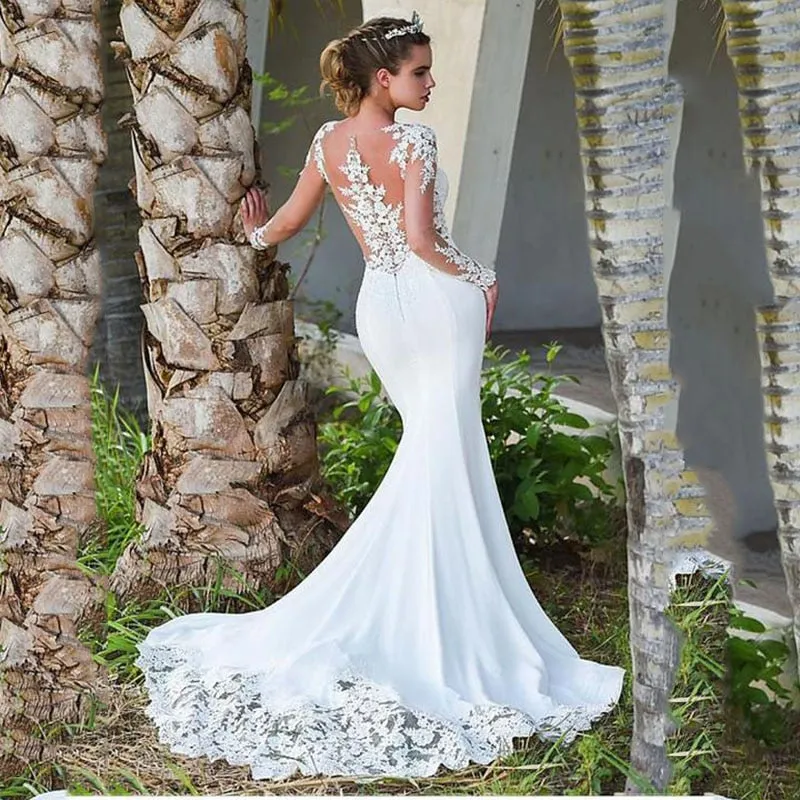 Vintage Mermaid Wedding Dress Scoop-Neck Full Sleeves Wedding Gown Zipper Back Lace Satin Bride Dress Robe