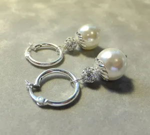 White Mother Of Pearl and Swarovski Crystal Sterling silver Hoop Earrings