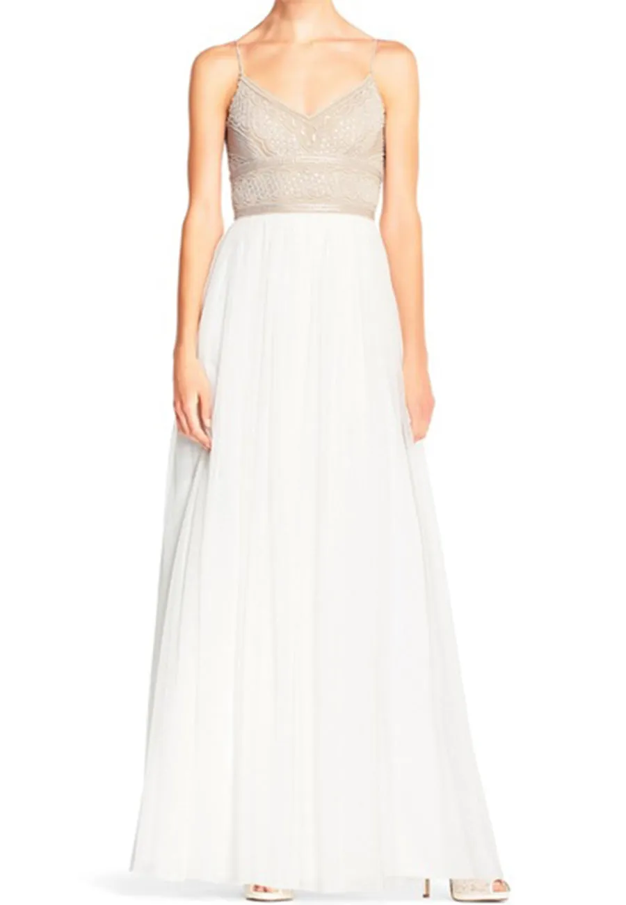 White Sleeveless Beaded Tulle Maxi Dress