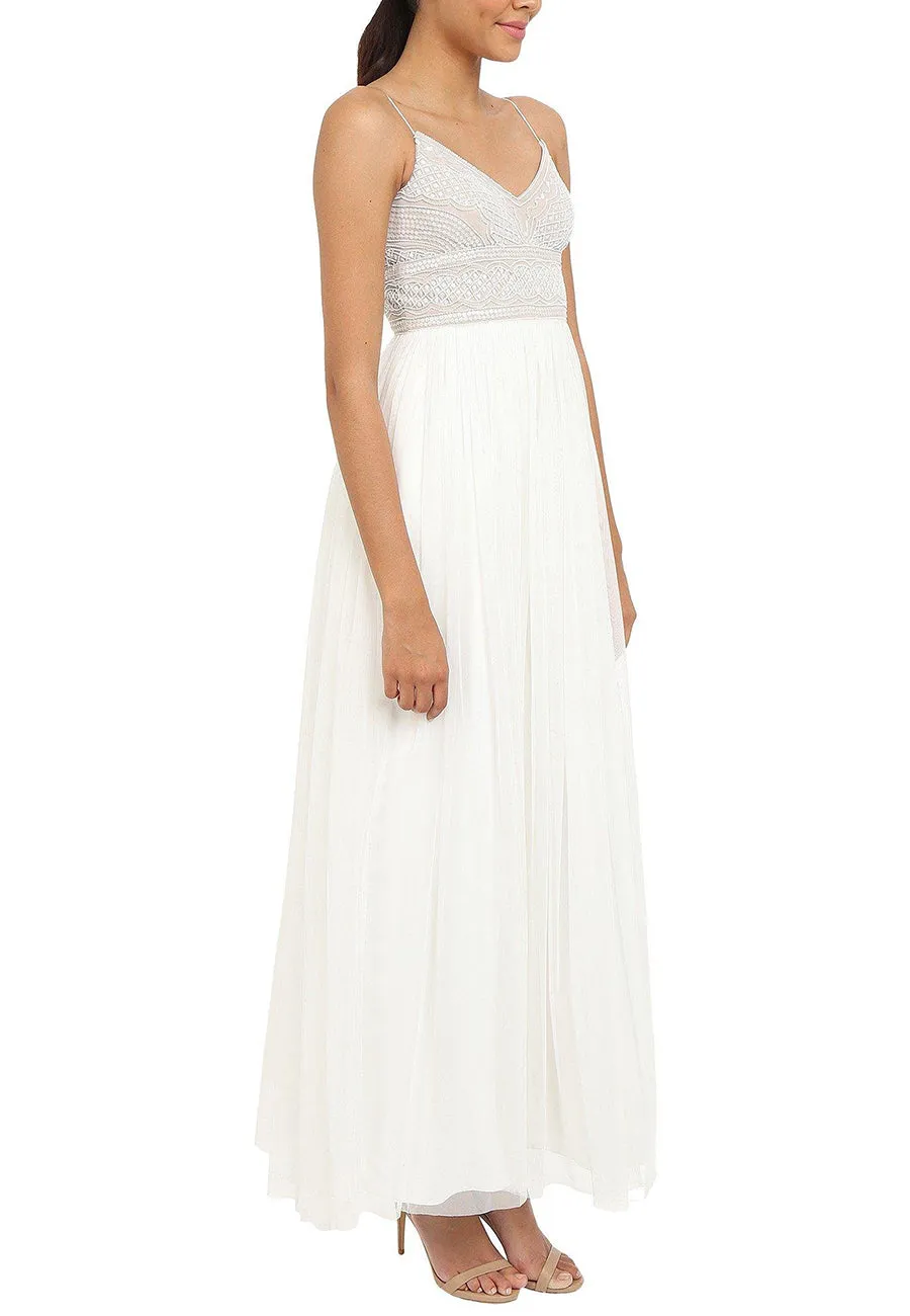 White Sleeveless Beaded Tulle Maxi Dress