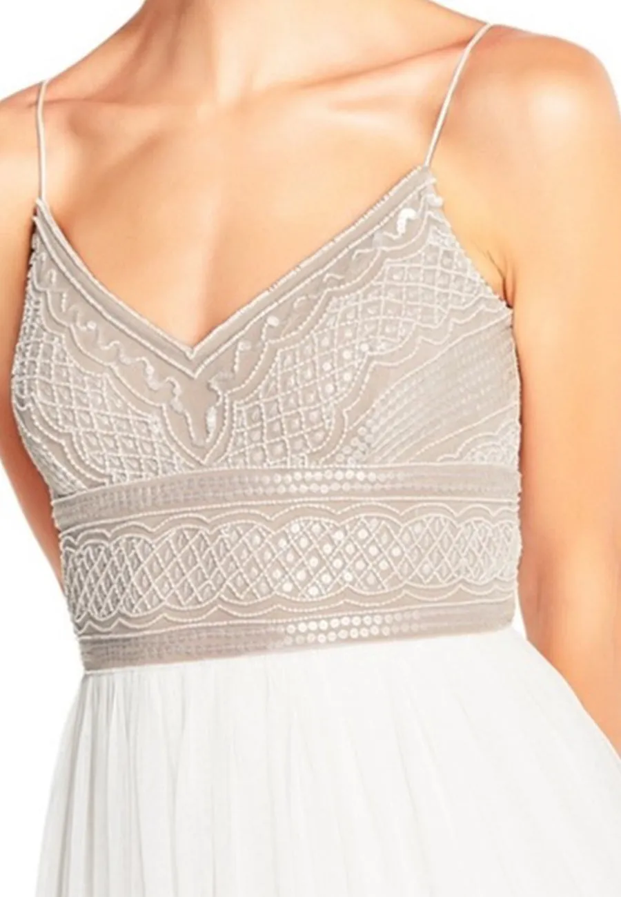 White Sleeveless Beaded Tulle Maxi Dress
