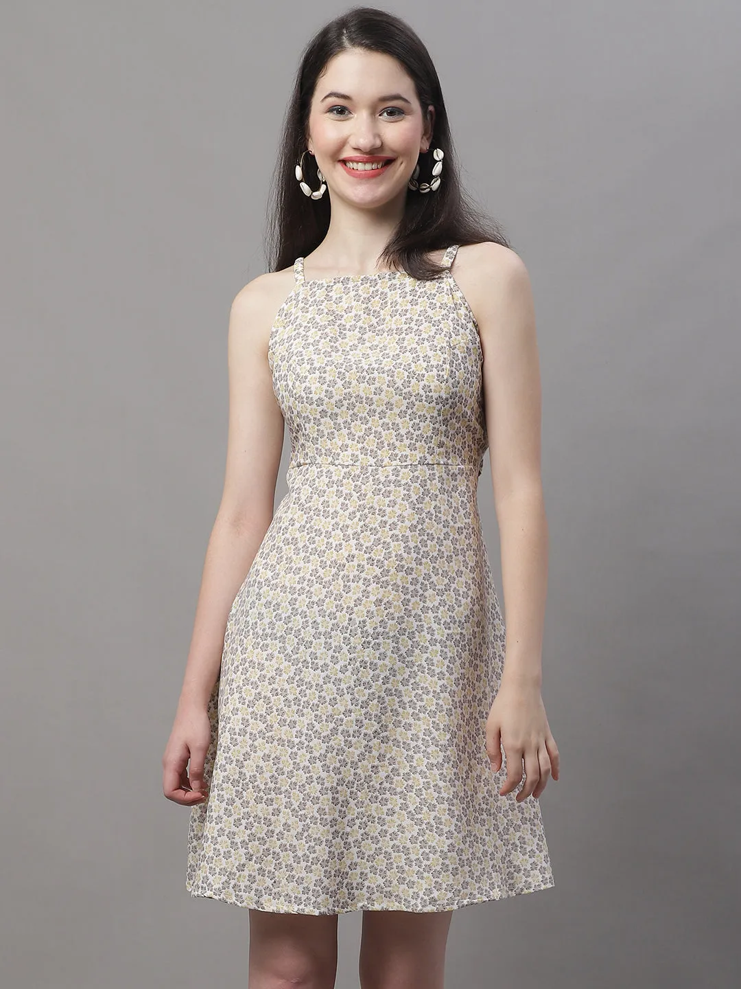 Women Off White Floral Printed A-Line Dresses