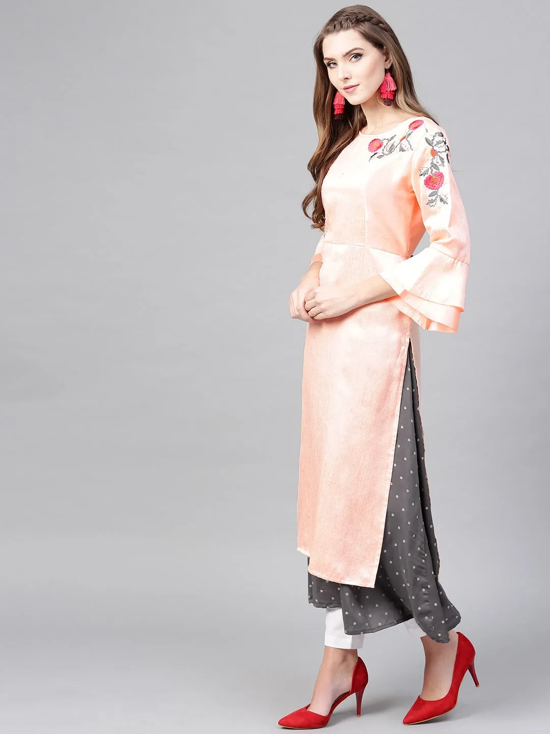 Women Pink & Charcoal Grey A-Line Kurta