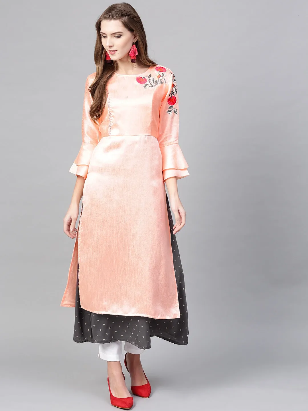Women Pink & Charcoal Grey A-Line Kurta